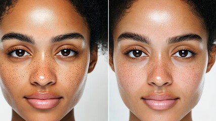Before and after transformation of a womans skin highlighting skincare effects in natural light setting