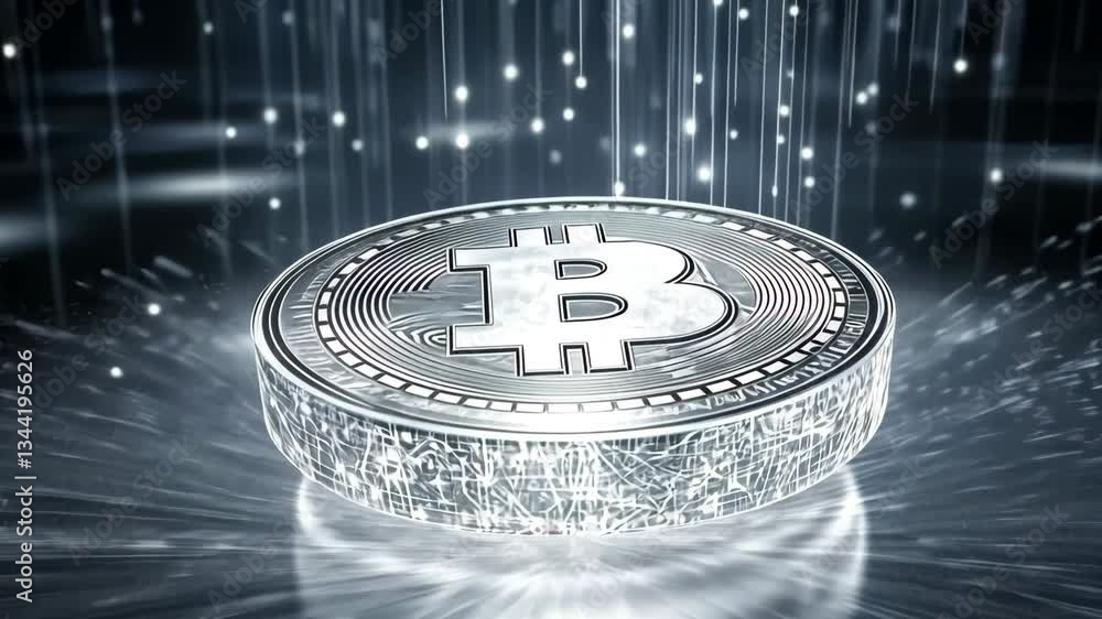 Poster crystal-clear digital currency coin floating in a high-tech environment with radiant light effects a