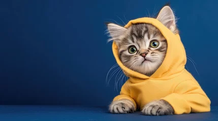 Wandcirkels Dierenarts A fluffy cat wearing a yellow hoodie gazes amusingly at the camera with a vibrant blue backdrop enhancing its charm  © lililia