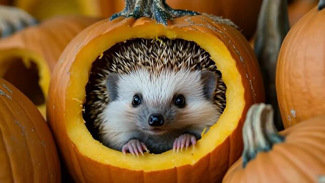 Explore the enchanting pumpkin patch filled with adorable baby hedgehogs enjoying their cozy homes