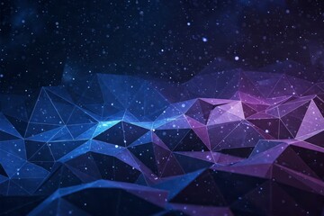 Abstract space background with polygonal shapes, stars, and nebulae. Deep blue and purple tones, cosmic vibe. Modern, digital art.

