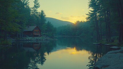 Obraz premium Misty Sunset Cabin by a Serene Lake