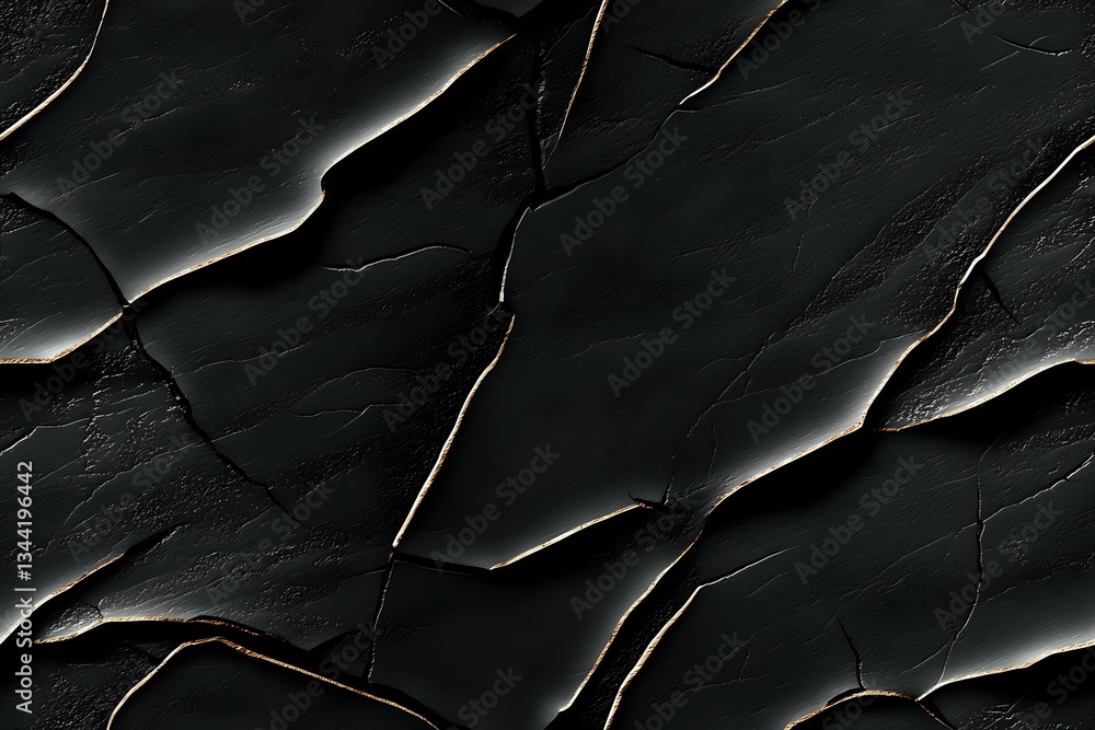 Poster dark textured stone surface with diagonal cracks and layered edges creating dramatic shadows and dep