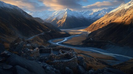 Majestic sunset over snow-capped mountains and winding river valley, ancient stone ruins in foreground.