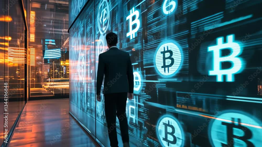 Poster man runs through a maze of glass walls with illuminated digital displays in a high-tech environment