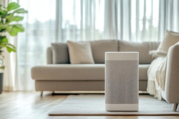 Fototapeta premium Modern air purifier in living room with sleek design and natural light