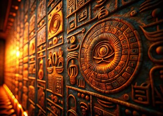 Obraz premium Minimalist 3D Animation Loop: Ancient Mayan Glyphs Rotating on Dark Background