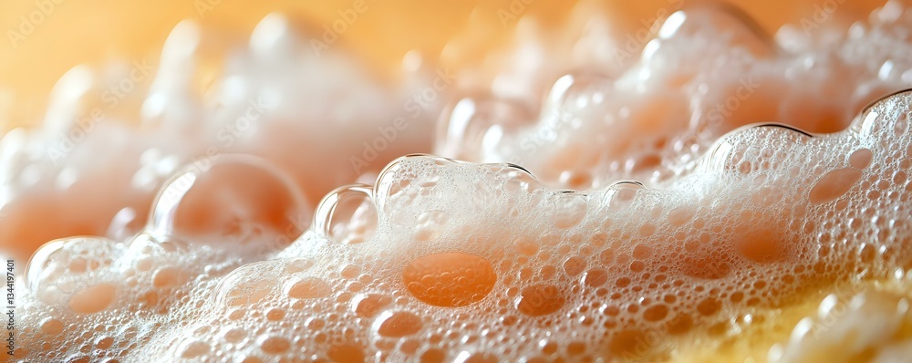 Poster macro shot of soap bubbles and foam texture with golden liquid beneath creating abstract pattern of 