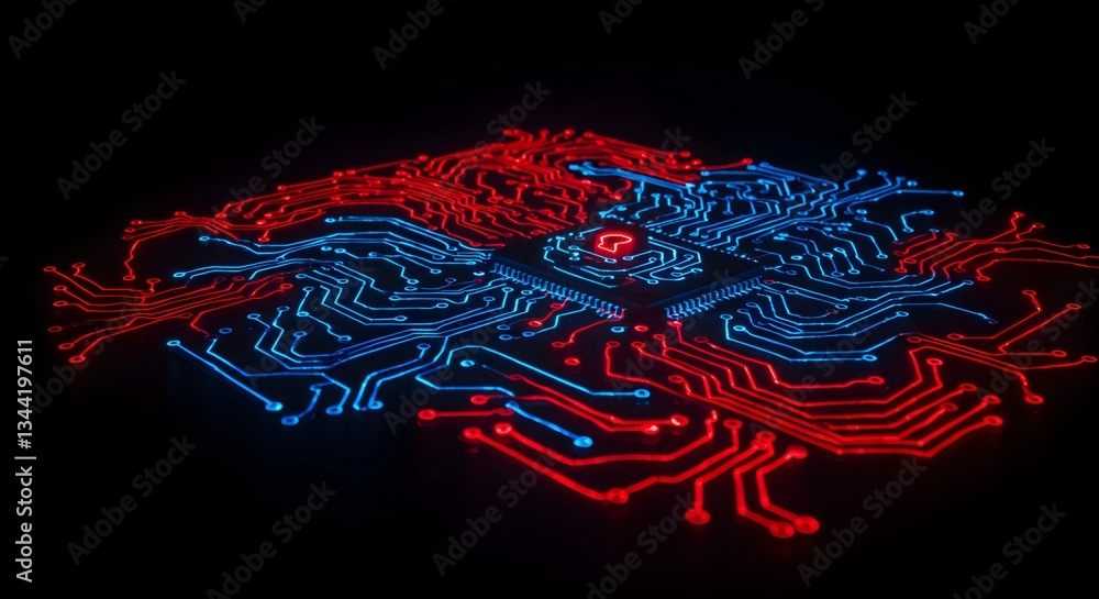 Aufkleber a long-exposure shot of blue and red light trails forming a circuit board pattern, symbolizing encry