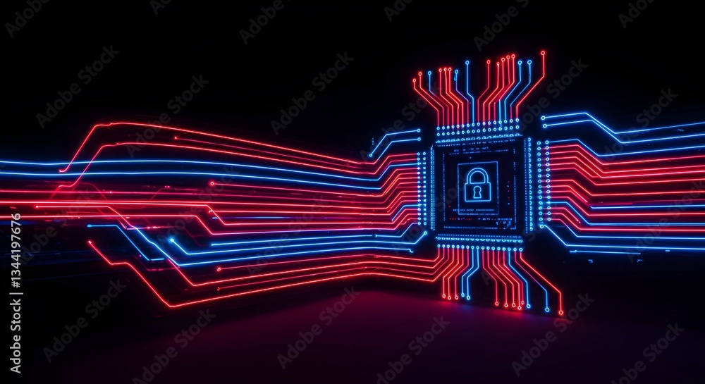 Aufkleber a long-exposure shot of blue and red light trails forming a circuit board pattern, symbolizing encry