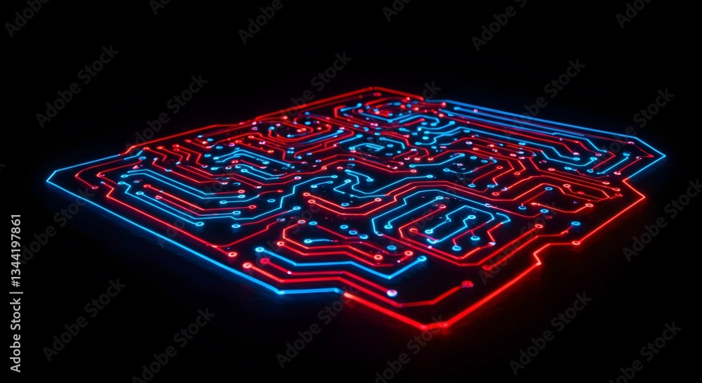 Poster a long-exposure shot of blue and red light trails forming a circuit board pattern, symbolizing encry