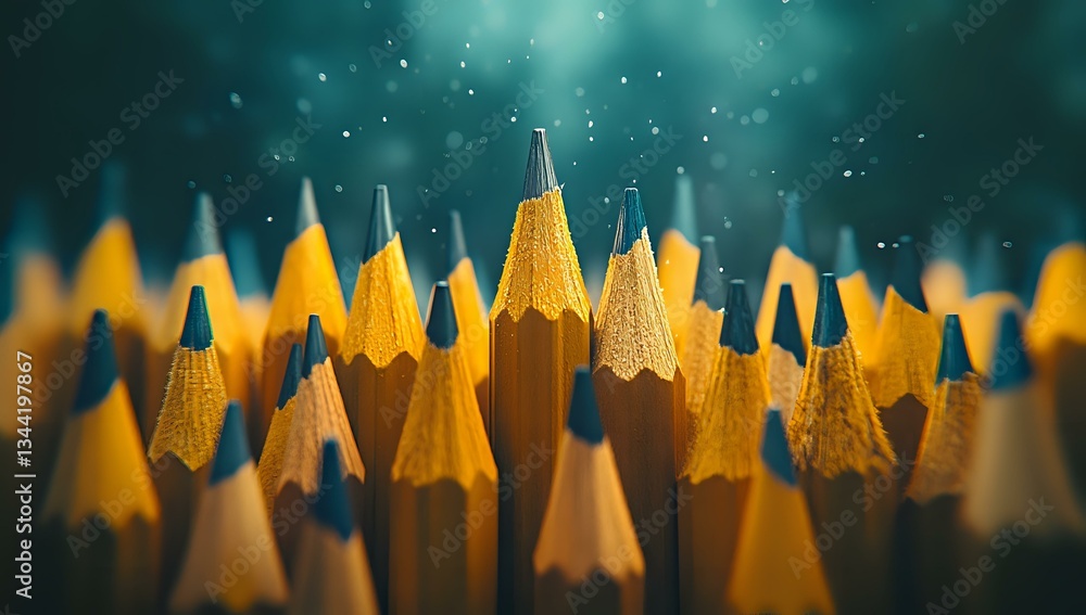 Poster sharp yellow pencils arranged in rows against dark teal background with bokeh light effects create a