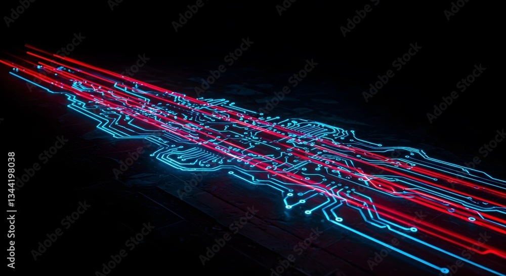 Aufkleber a long-exposure shot of blue and red light trails forming a circuit board pattern, symbolizing encry