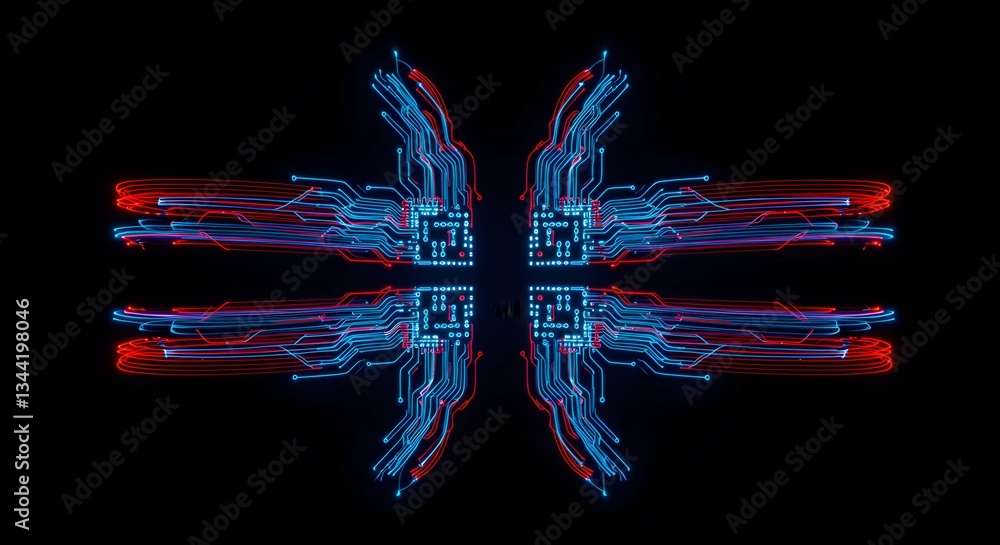 Aufkleber a long-exposure shot of blue and red light trails forming a circuit board pattern, symbolizing encry