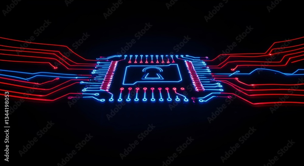 Poster a long-exposure shot of blue and red light trails forming a circuit board pattern, symbolizing encry