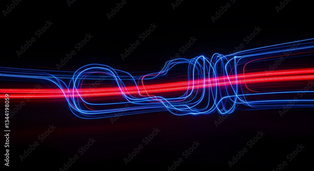 Poster a long-exposure shot of blue and red light trails forming a circuit board pattern, symbolizing encry