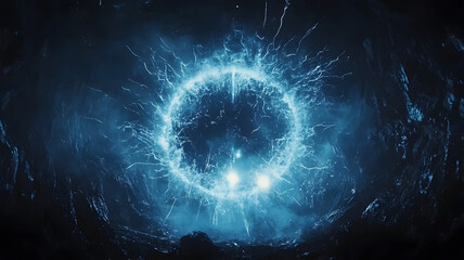 Mysterious glowing energy portal with electric blue lightning in a dark cavern