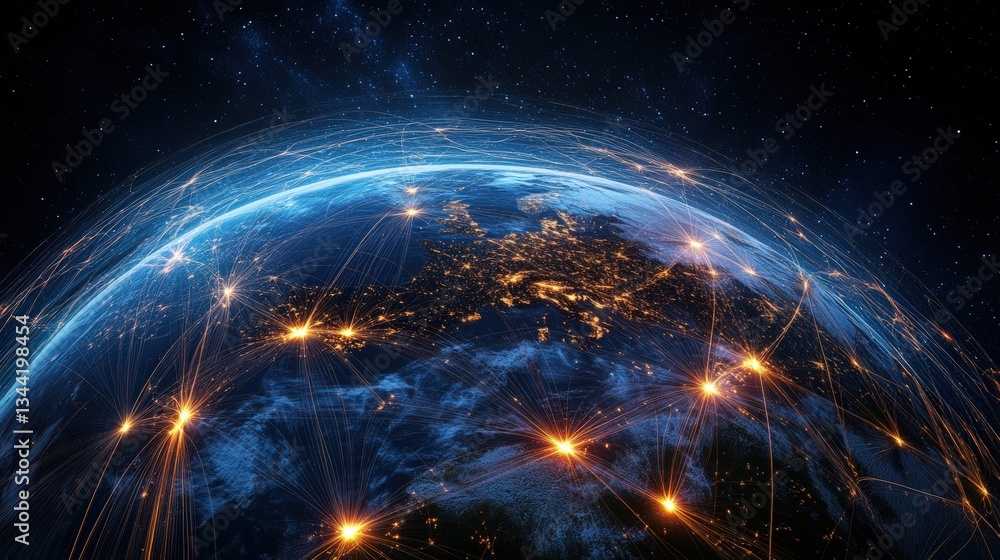 Poster a stylized image of earth at night showcasing illuminated cities interconnected by glowing lines rep