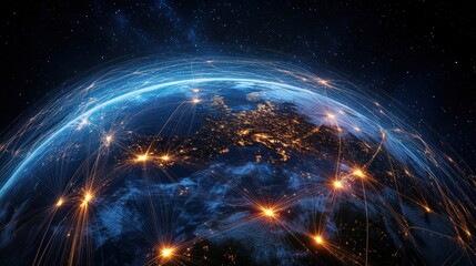 Obraz premium A stylized image of Earth at night showcasing illuminated cities interconnected by glowing lines representing global communication and networks of stars.