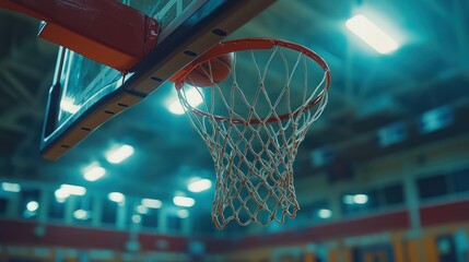 Basketball hoop and net in indoor arena