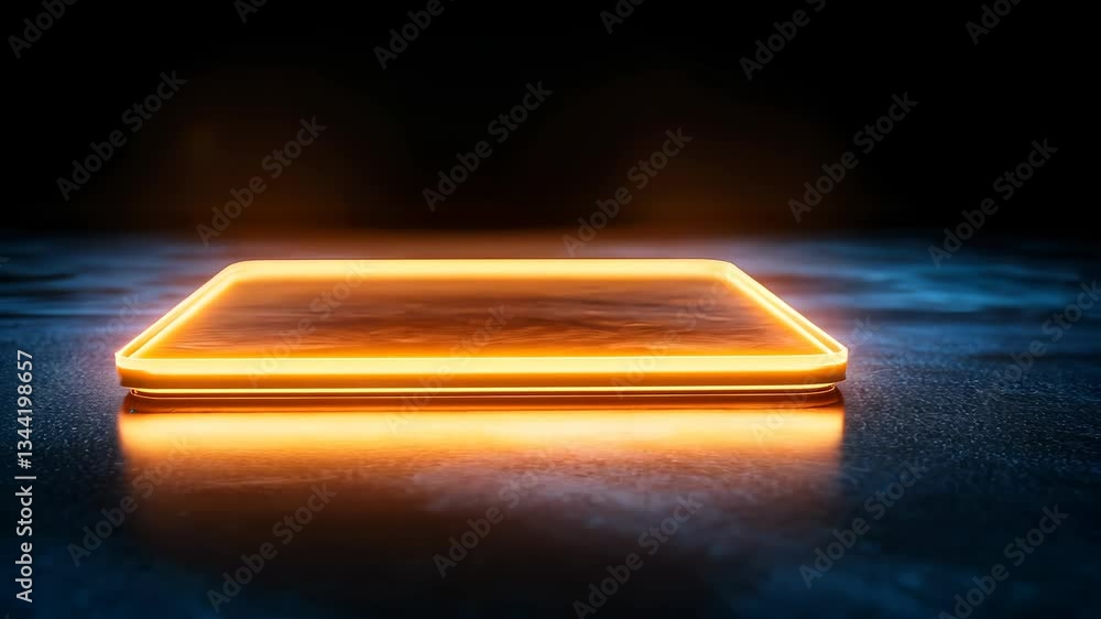 Poster empty product display podium illuminated futuristic by orange neon light on dark background with cop