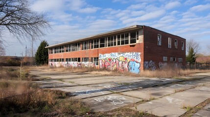 Obraz premium Abandoned Building with Graffiti and Overgrown Pavement Under a Blue Sky