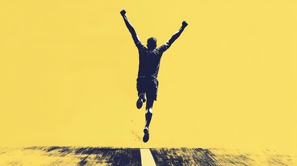 A graphic art representation of a victorious athlete crossing the finish line, arms raised, in bold yellow and black contrast