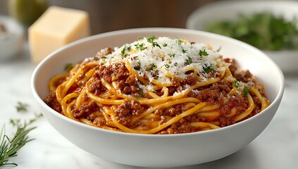 Traditional spaghetti bolognese pasta topped with grated parmesan cheese and fresh herbs served in white ceramic bowl on light marble surface.