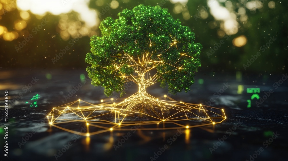 Poster lush green tree with glowing golden network lines connecting roots and branches on dark surface with