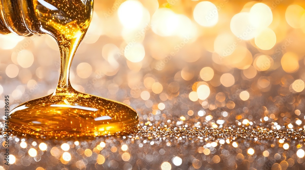 Poster golden honey or syrup pouring in slow motion against glittering bokeh background, creating luxurious
