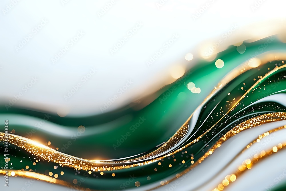 Poster abstract emerald green and gold waves with glitter sparkles and bokeh effects create luxurious flowi