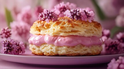 A pink pastry with a pink frosting and flowers on top