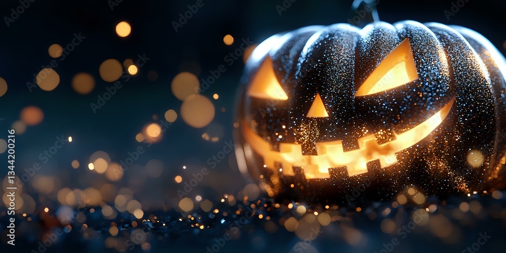 Poster glowing carved pumpkin with spooky smile on dark background with magical bokeh lights and sparkles c