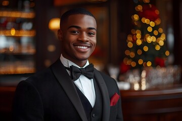 Fototapeta premium Welcoming Hospitality Professional in Formal Attire Showcases Career Opportunities