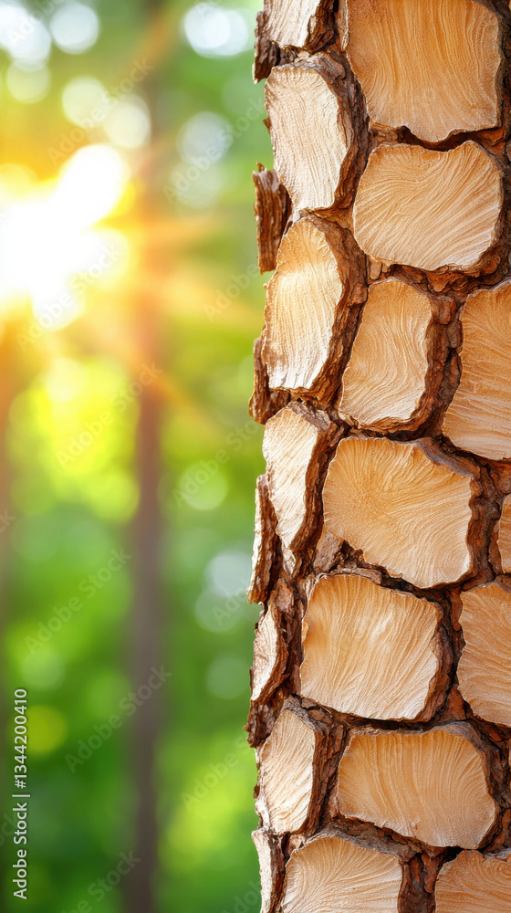Poster close up of textured bark of tree with sunlight shining through, creating warm and inviting atmosphe