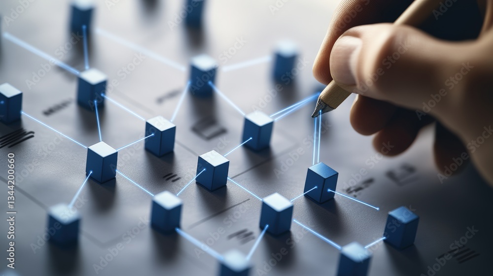 Poster close-up of a hand using a pen to connect small blue cubes on a document, showcasing an intricate ne