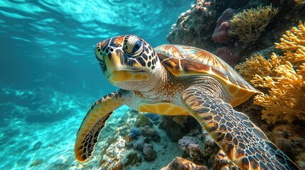 Fototapeta premium Majestic sea turtle swimming gracefully through vibrant coral reef underwater