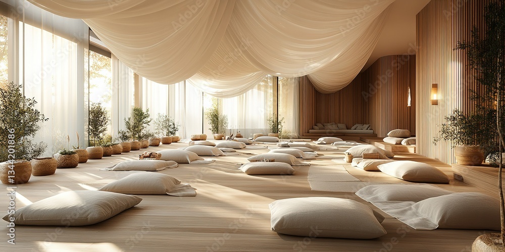 Poster meditation space with soft mats and natural light in a tranquil setting for relaxation and mindfulne