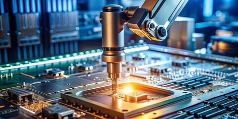 Minimalist Close-up of Industrial Robot Assembling Electronic Circuit Boards