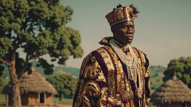 A Regal African Elder Dressed in Traditional Attire Embracing Cultural Heritage Amidst Beautiful Landscape