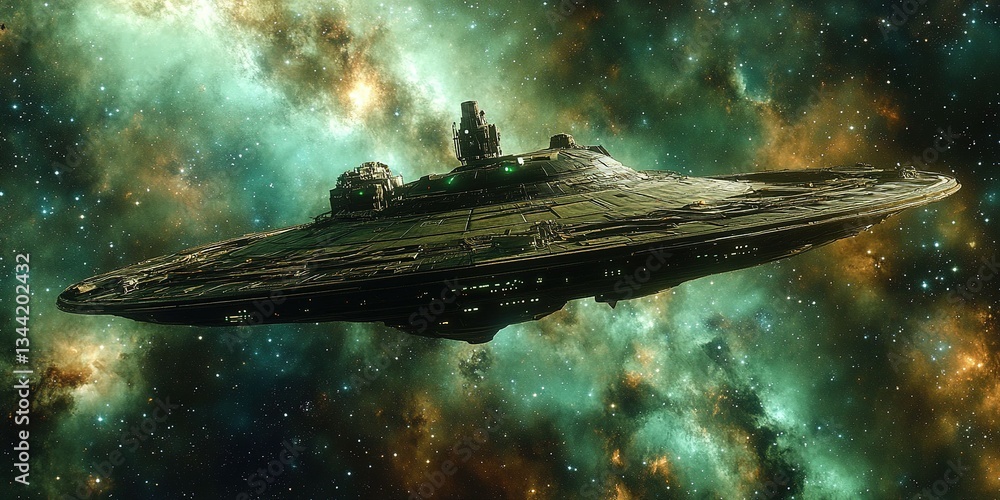 Poster spaceship hovering in a colorful cosmic background with stars and nebulae evident throughout the vas