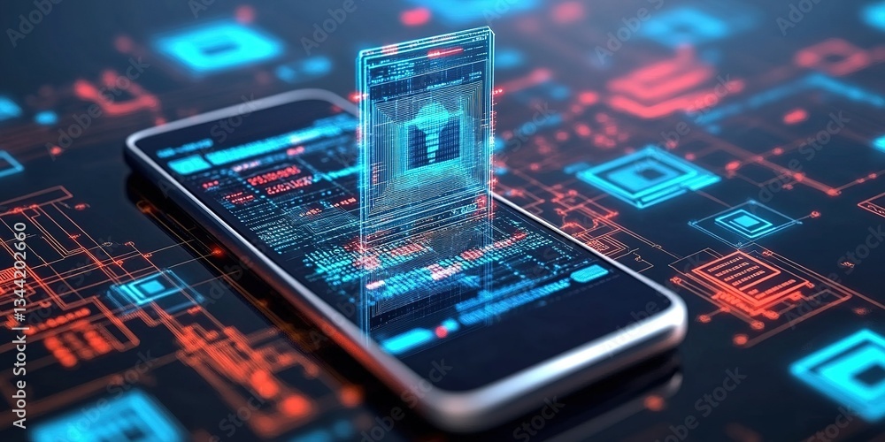 Poster smartphone displaying holographic data visualization in a technology-focused environment