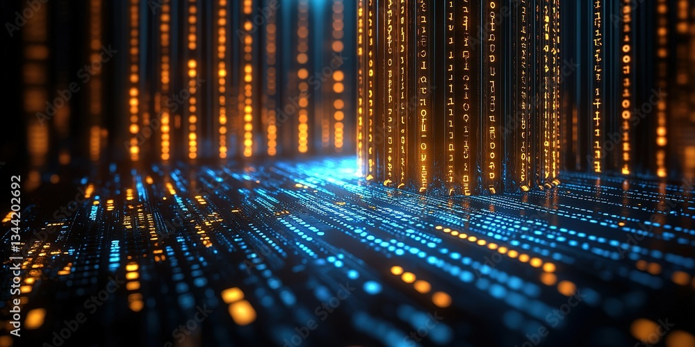 Poster digital landscape featuring glowing binary code and vibrant light streams in a futuristic setting