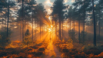 Sun rays pierce through misty forest, illuminating path with lone hiker.