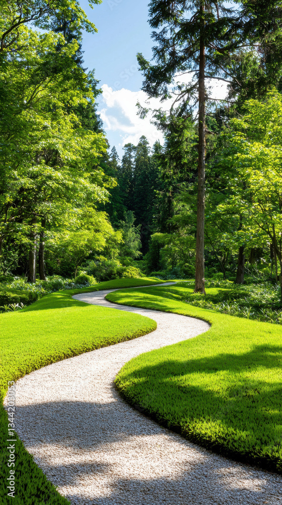 Poster winding path through lush green forest, surrounded by vibrant trees and sunlight filtering through l