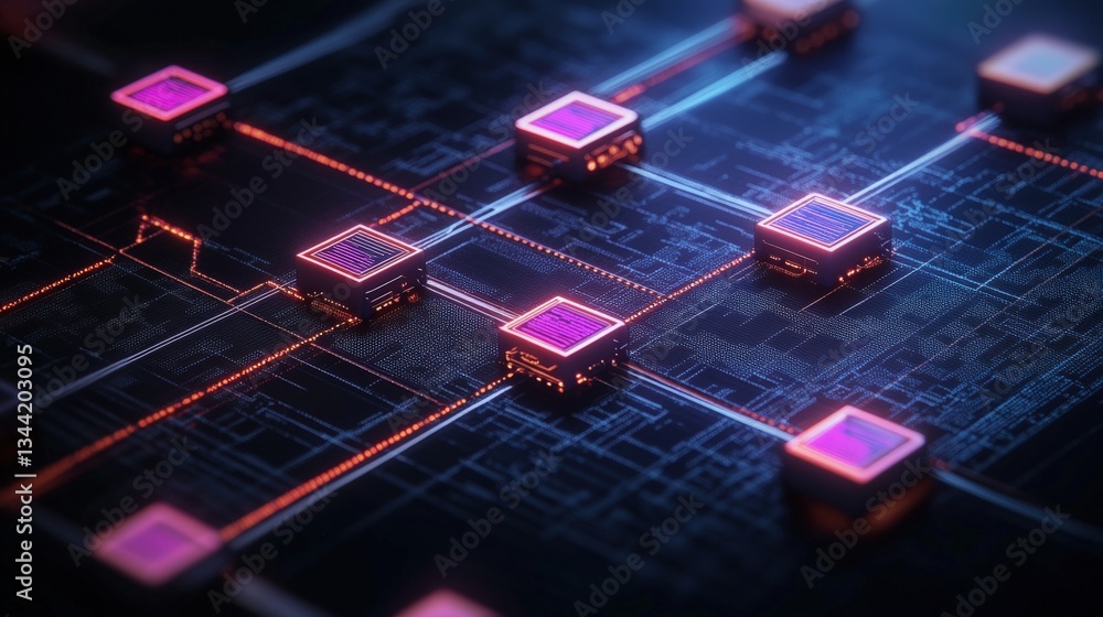 Poster close-up view of a stylized digital circuit board featu glowing orange pathways and cube-shaped proc