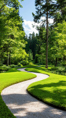 Obraz premium winding path through lush green forest, surrounded by vibrant trees and sunlight filtering through leaves, creates serene and peaceful atmosphere