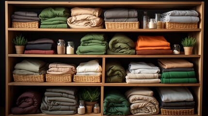 Neatly Organized Bedding and Textiles on Wooden Shelves