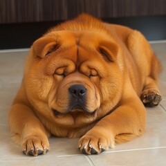 A relaxed reddish brown dog resting peacefully on the floor