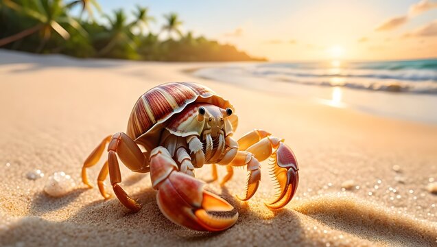 Beach shell at sunset on sandy shore